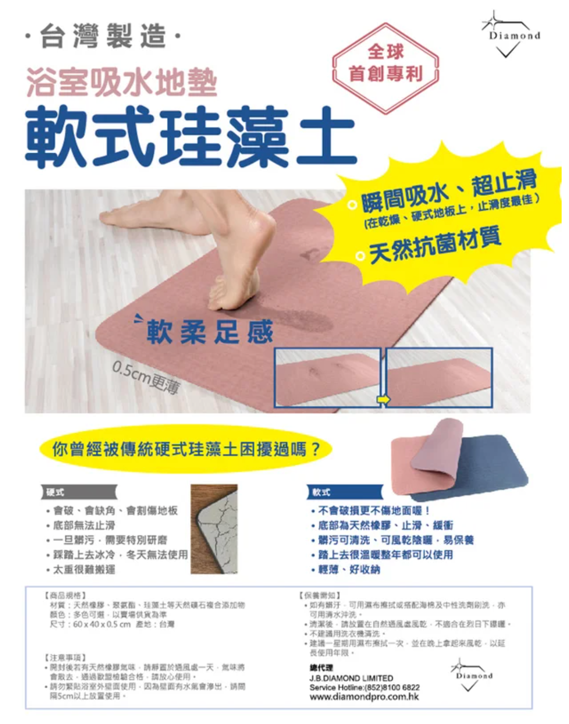 台灣製造 浴室吸水軟式珪藻土地墊